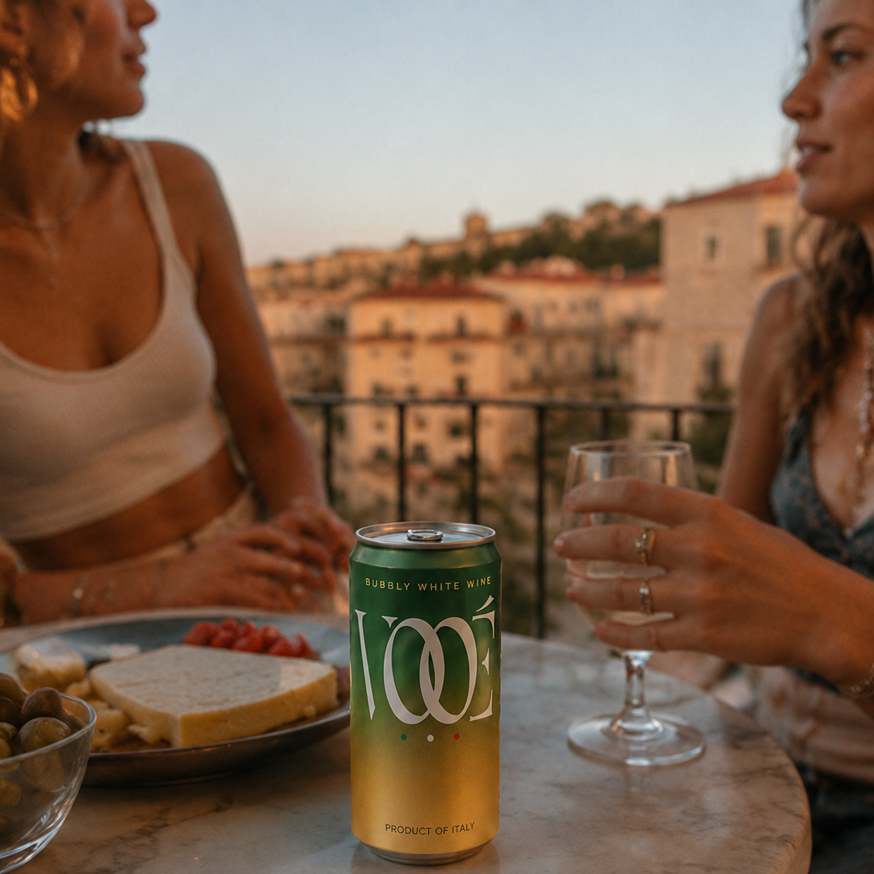 Aperitivo on a marble table with VOOÉ