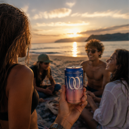 Friends on the beach at sunset, VOOÉ in hand